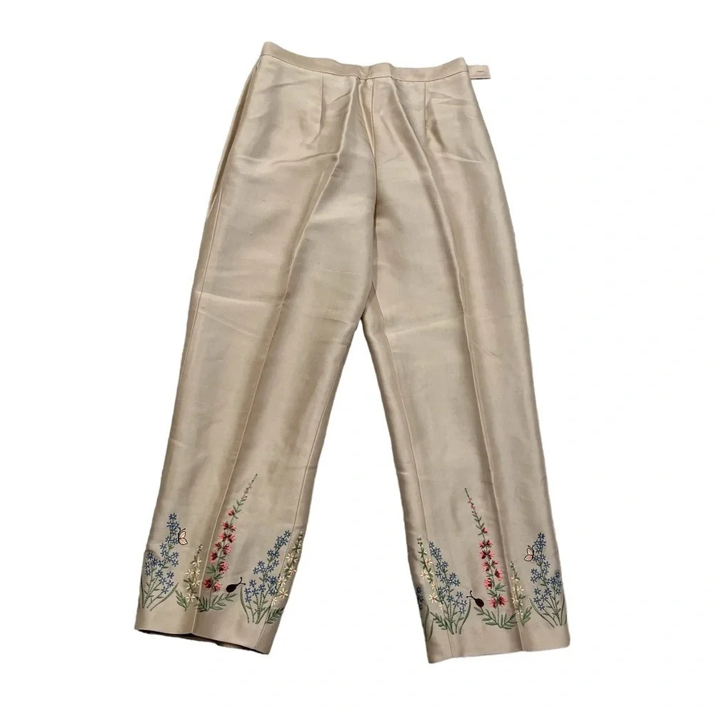 AV Andrea Viccaro Silk Shantung Pants Embroidered Flowers Butterflies Lined 4